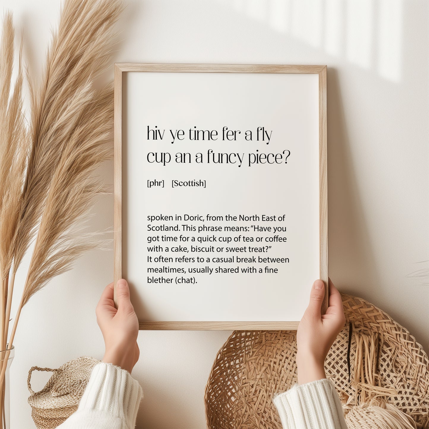 Scottish Dialect Wall Art – ‘Hiv Ye Time Fer a Fly Cup’ Print | Doric Phrase Definition Poster