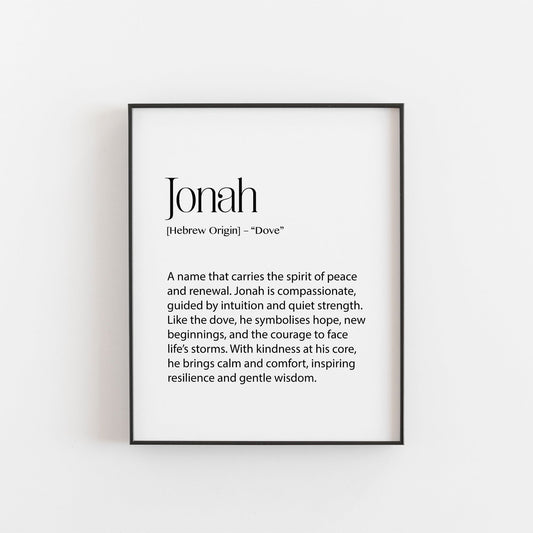 Jonah Name Meaning Print | Elegant Personalised Wall Art for Boys or Nursery