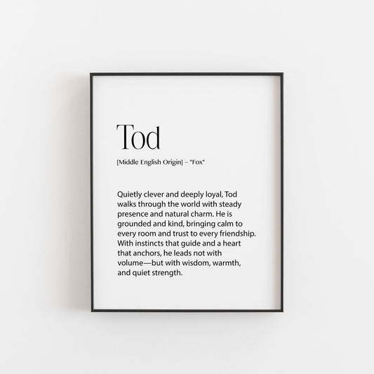 Tod – Personalised Name Meaning Definition Print | Modern Wall Art