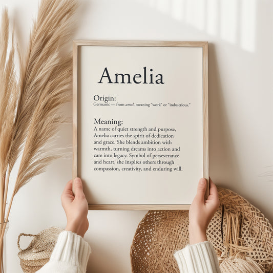 Amelia Name Meaning Print | Personalised Dictionary Style Wall Art | Baby Name Gift