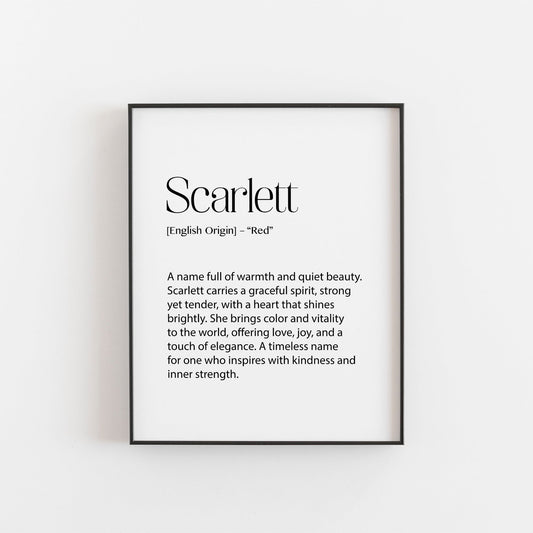 Scarlett Name Meaning Print | Elegant Personalised Wall Art for Girls or Nursery